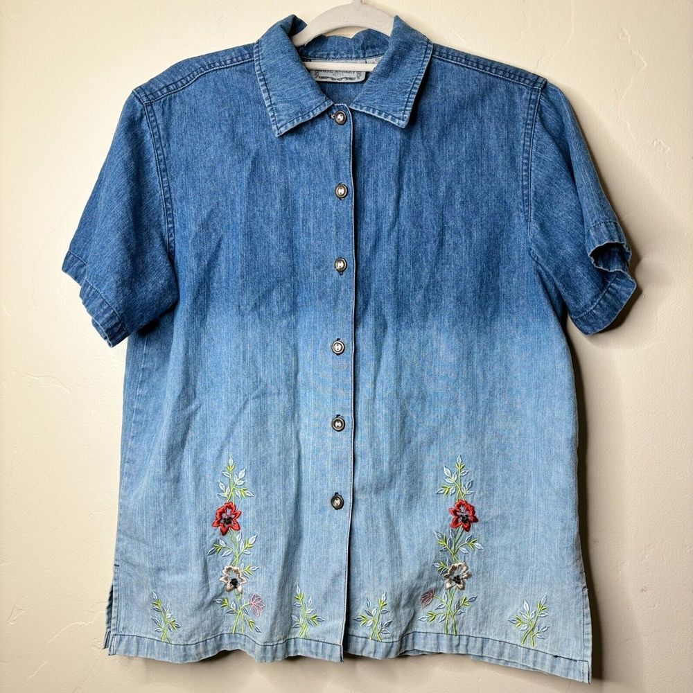 Jane Ashley Shirt Women's Petite Large Chambray Ombre‎ Ramie Blend Embroidered